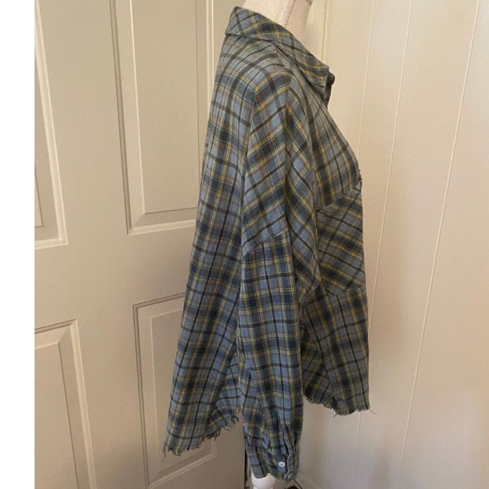 Peach Love Flannel Plaid oversized long sleeve raw edge shirt Size S - Picture 4 of 9